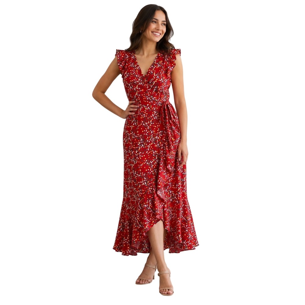 Max Studio Red Floral Ruffle Sleeve Wrap Maxi Dress Women's XL Boho Cottagecore